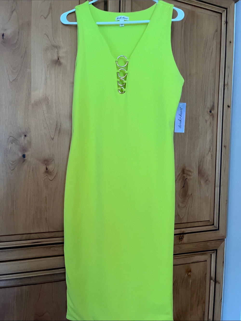 Derek Heart Neon Yellow Sleeveless Midi Dress with Gold Ring Detail